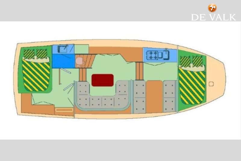 Een bovenaanzicht van een bootinterieur met twee slaapcabines, een kombuis, een toilet en een salon.