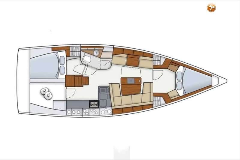 Een bovenaanzicht van een bootinterieur met twee slaapkamers, een keuken, een badkamer en een zithoek.
