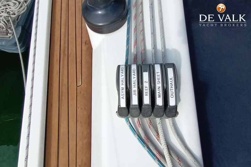 Een detailfoto van een bootdek met een rij klemmen voor lijnen, gelabeld als "ASYM HALYARD", "JIB HALYARD", "REEF 2", "MAIN…