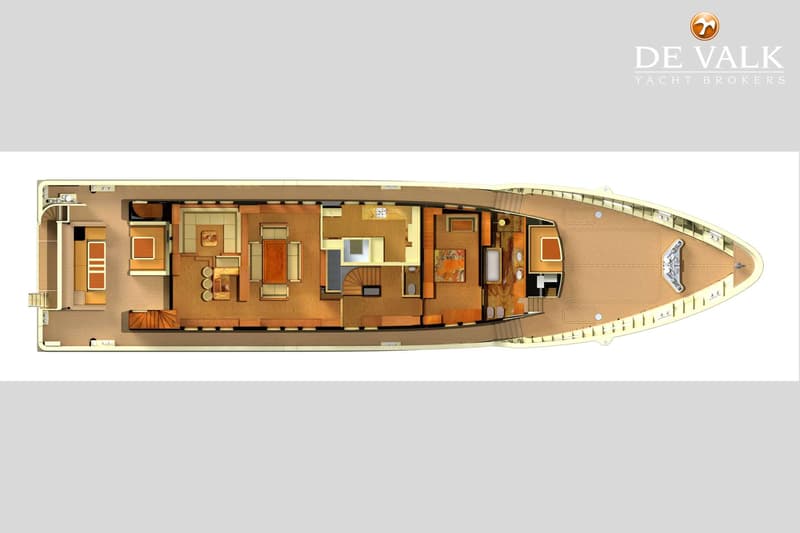 Een bovenaanzicht van de plattegrond van een jacht met de tekst "DE VALK YACHT BROKERS". — Peer Gynt Yacht 36M Explorer