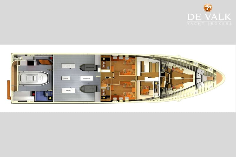 Een bovenaanzicht van een jacht met de indeling van de dekken, inclusief motoren en interieur. — Peer Gynt Yacht 36M Explorer
