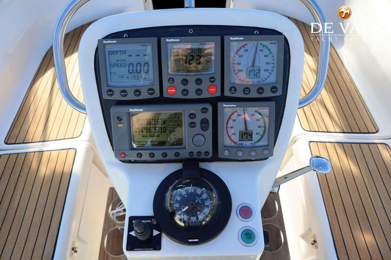 Een close-up van een stuurstand met diverse Raytheon en Raymarine navigatie-instrumenten en een kompas.