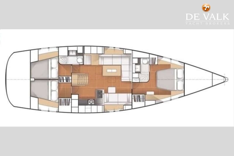 Een bovenaanzicht van een bootinterieur met twee slaapkamers, twee badkamers, een keuken en een woonkamer.