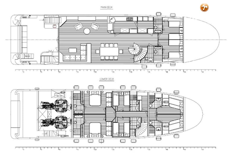 De afbeelding toont een zwart-wit plattegrond van de hoofd- en benedendekken van een jacht. — BSY 98