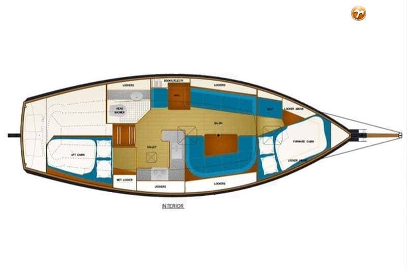 Een gedetailleerde plattegrond van het interieur van een boot, met verschillende kamers en voorzieningen. — Bornrif 33