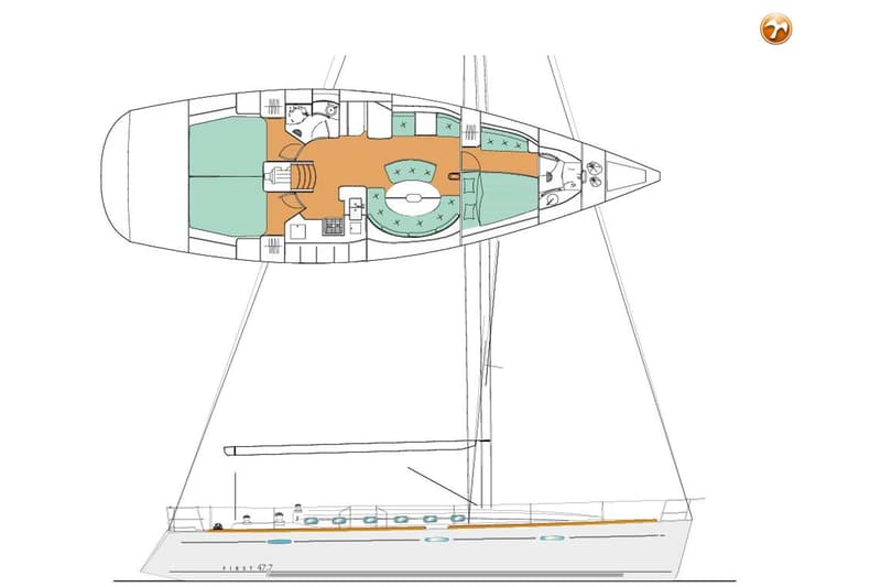 Een technische tekening van een zeilboot, met zowel een bovenaanzicht van de indeling als een zijaanzicht van de romp.