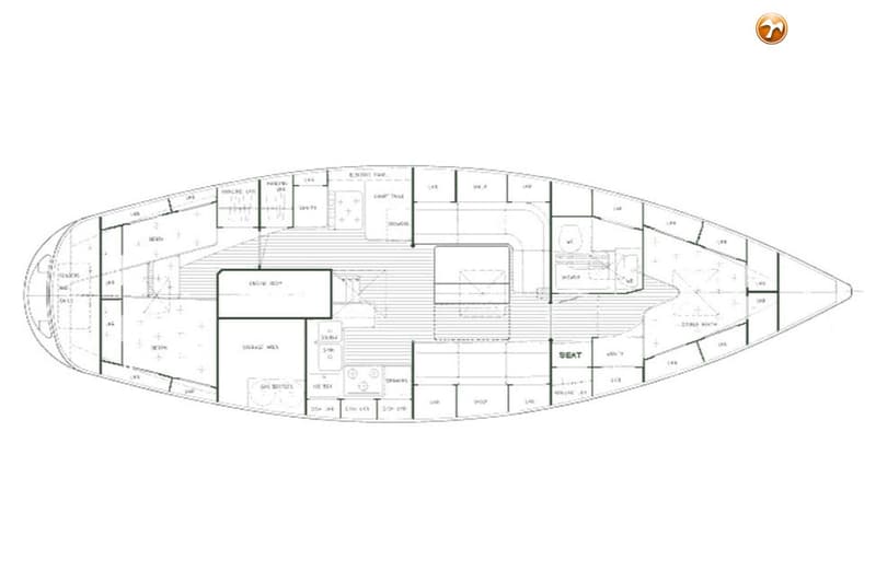 Een gedetailleerde blauwdruk van de indeling van een boot, met verschillende compartimenten en labels. — Hallberg Rassy 39