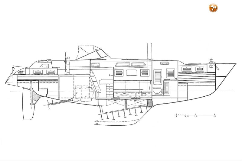 Een technische tekening van de zijkant van een boot, met een schaalverdeling van 0 tot 2 meter. — Hallberg Rassy 39