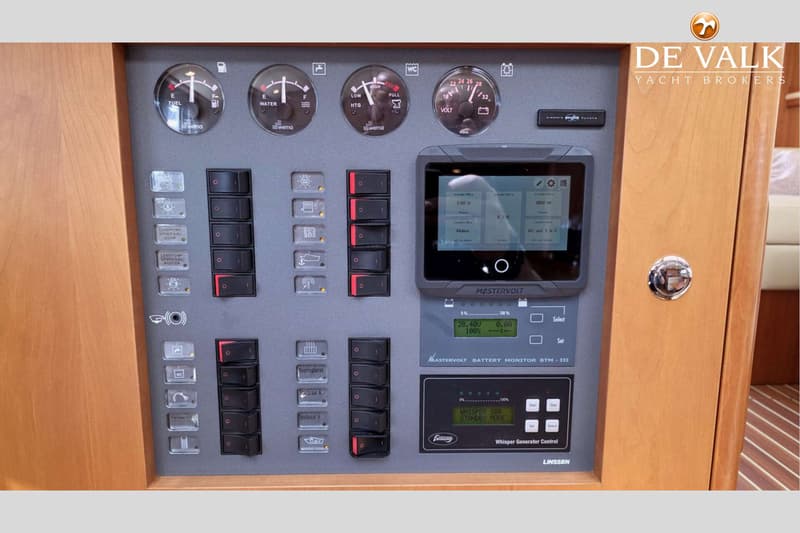 Een bedieningspaneel met meters voor brandstof, water, temperatuur en voltage, schakelaars en digitale displays.