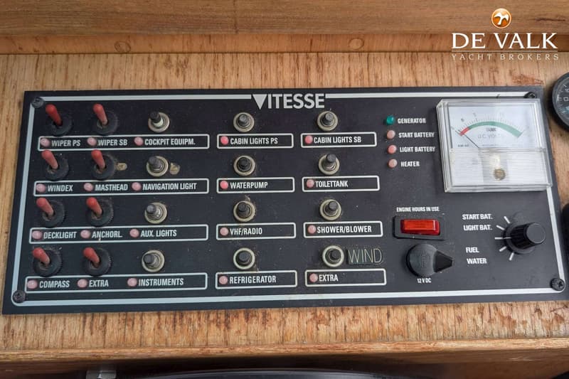 Een zwart bedieningspaneel met witte tekst en rode schakelaars, met het woord "VITESSE" bovenaan.