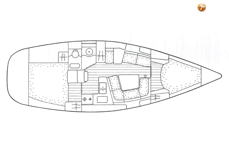 Een zwart-wit schematische tekening van de indeling van een boot, gezien van bovenaf. — Jeanneau Sun Odyssey 37
