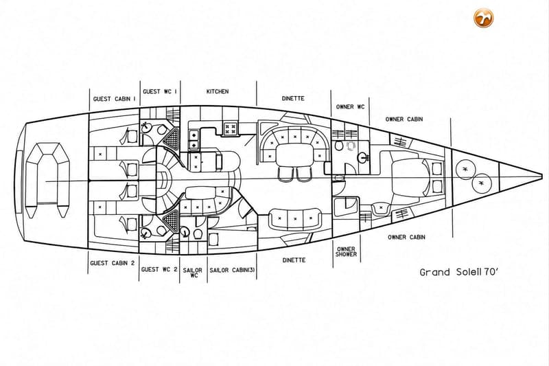 Een gedetailleerde plattegrond van een bootinterieur, met diverse hutten, toiletten, een keuken en dinettes.