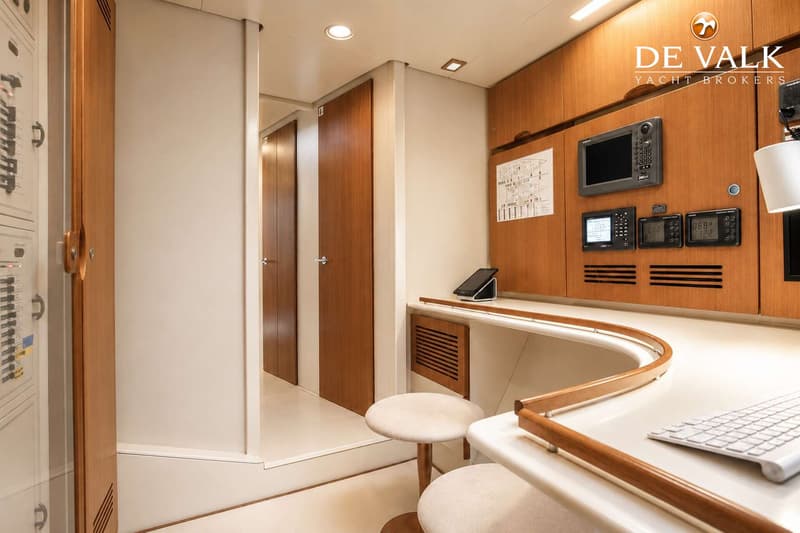 Een interieur van een boot met een houten bureau, diverse navigatie-instrumenten en twee krukken. — Wally 88