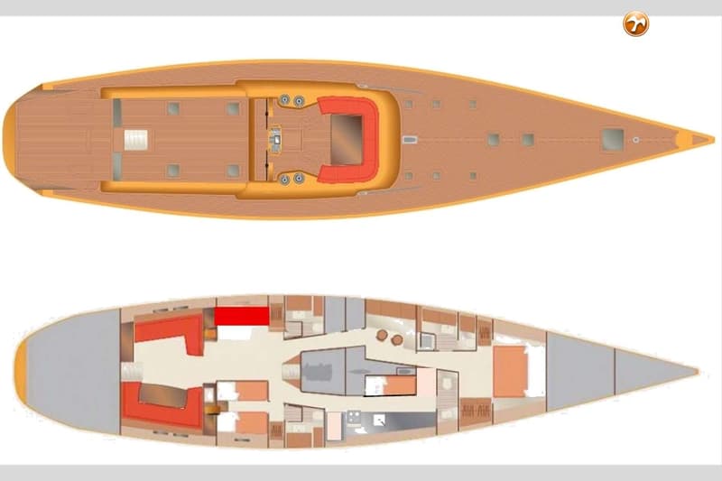 De afbeelding toont een bovenaanzicht van een boot en een doorsnede van het interieur. — Wally 88