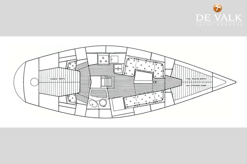 De afbeelding toont een zwart-wit plattegrond van een bootinterieur met verschillende compartimenten en aanduidingen.