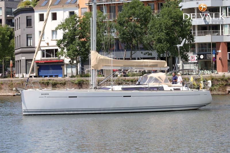 Een witte zeilboot met beige zeilhoezen en twee mannen aan boord vaart op water langs een kade met gebouwen.