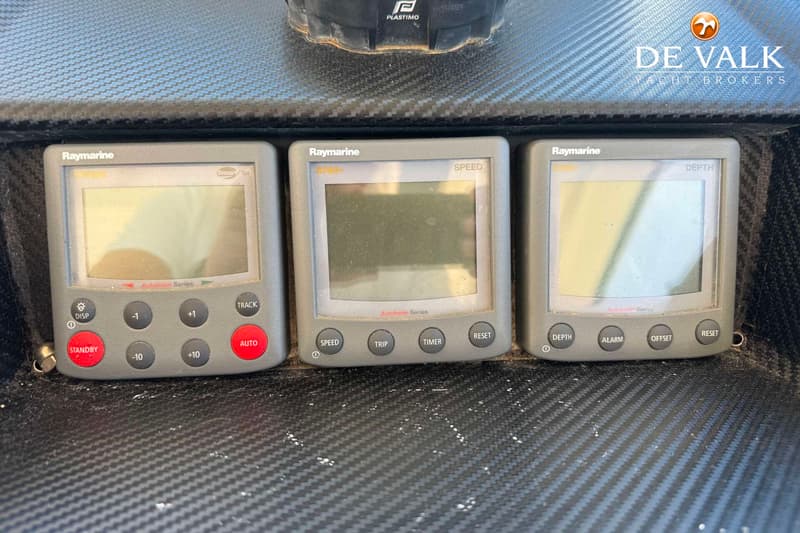 Drie Raymarine Autohelm Series displays zijn ingebouwd in een donker, geweven oppervlak.