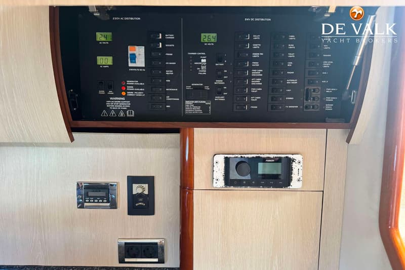 Een gedetailleerd elektrisch paneel met schakelaars, meters en een Fusion-audiosysteem is zichtbaar.