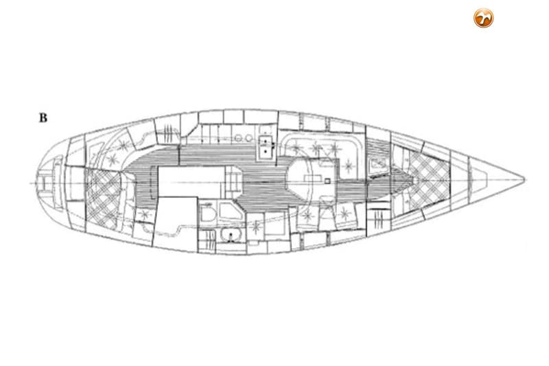 Een zwart-wit schematische tekening van de indeling van een boot, gezien van bovenaf. — Najad 391