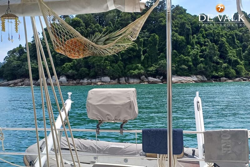 Een ananas hangt in een net aan boord van een boot, met een groen beboste kustlijn op de achtergrond. — Punch 1500 LC