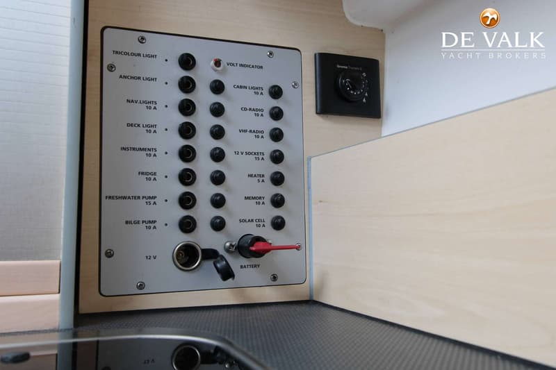 Een elektrisch schakelpaneel met diverse schakelaars, een 12V-aansluiting en een batterijschakelaar.