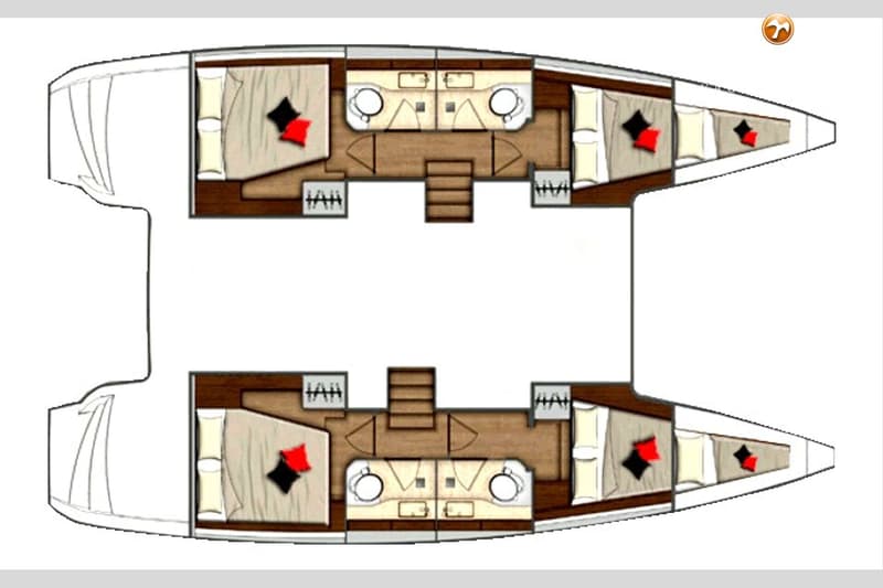 Een bovenaanzicht van de indeling van een catamaran met twee identieke rompen, elk met twee slaapkamers en een badkamer.