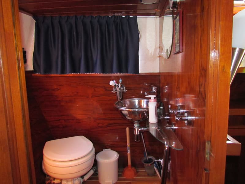 Een badkamer in een boot met een toilet, wastafel, spiegel, en houten wanden. — Curtevenne 950 GSAK