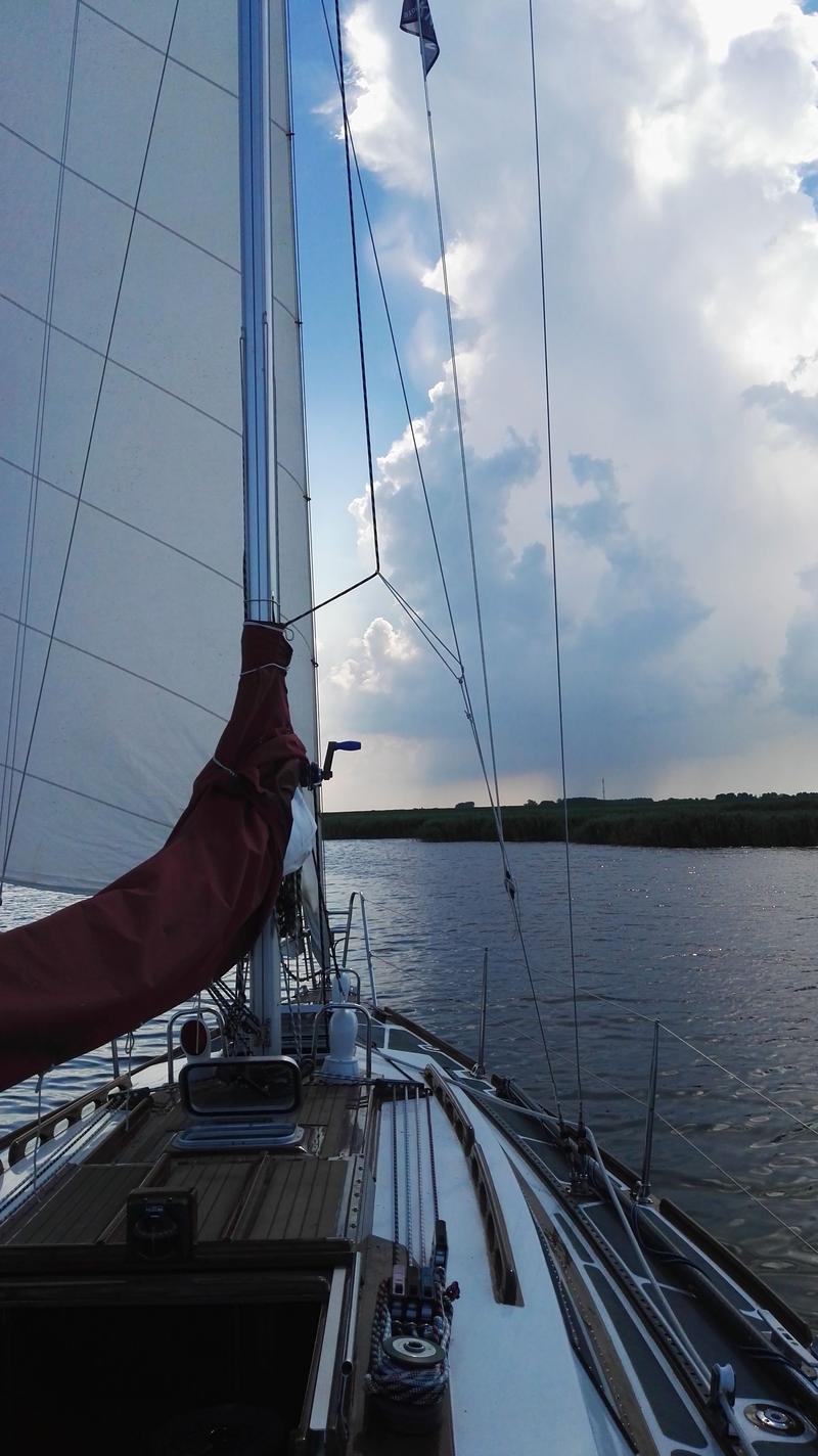 Een zeilboot vaart op een waterweg met rietkragen aan de horizon onder een bewolkte hemel. — Waarschip 900 +