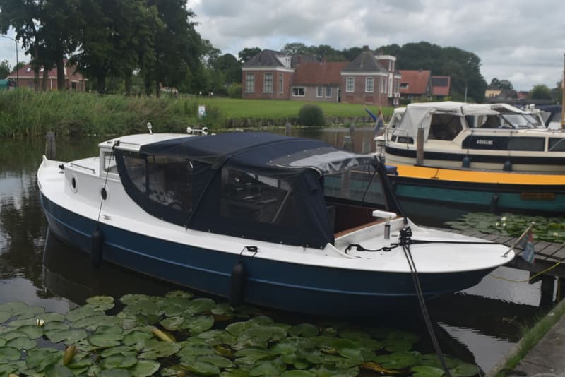 Een witte en blauwe boot met een donkerblauwe kap ligt in het water, omringd door waterlelies, met huizen op de achtergrond.