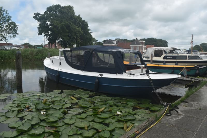 Een blauw-witte boot met een donkerblauwe kap ligt aangemeerd in een kanaal vol waterlelies. — 820C Steilsteven