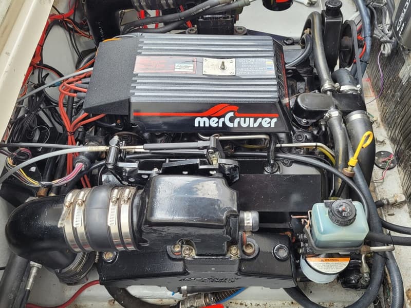 Een detailfoto van een zwarte Mercruiser motor met rode en zwarte kabels, slangen en een reservoir.