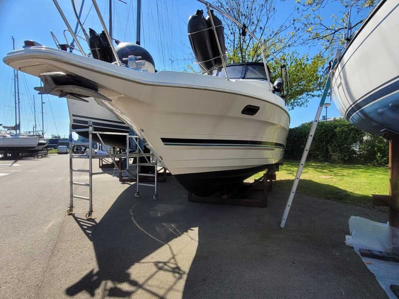 Een witte motorboot met blauwe strepen staat op bokken op een terrein, met een steiger en een ladder ernaast.