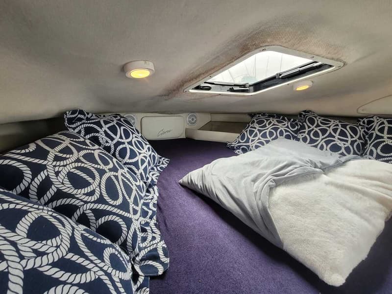 De foto toont een kajuit met een bed, kussens met een touwpatroon, een deken, een dakraam en verlichting.