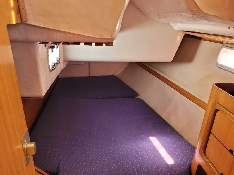 De foto toont een kajuit met twee paarse matrassen, een patrijspoort en houten details. — Feeling 346