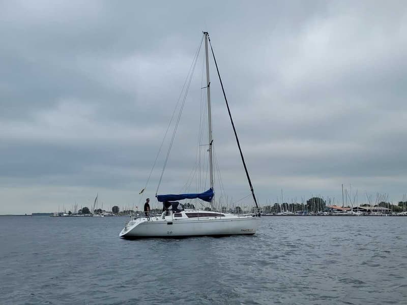 Een witte zeilboot met een blauwe huik en een persoon aan boord vaart op water onder een bewolkte hemel. — Feeling 346
