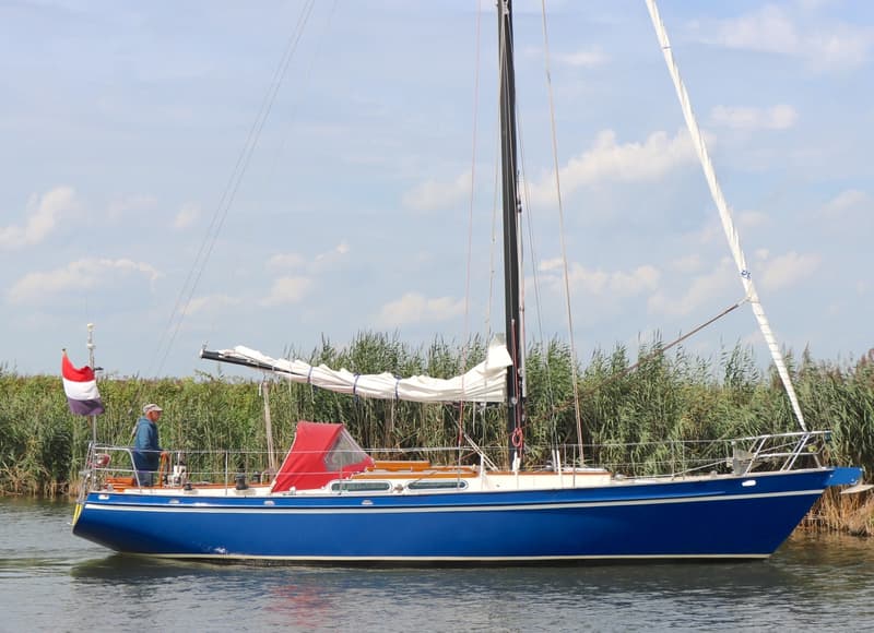 Een blauwe zeilboot met een rode buiskap en een opgerold zeil ligt in het water naast riet. — Koopmans 36