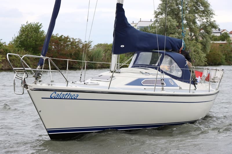 Een witte zeilboot met de naam "Calathea" in blauwe letters vaart op water met een groene oever op de achtergrond.