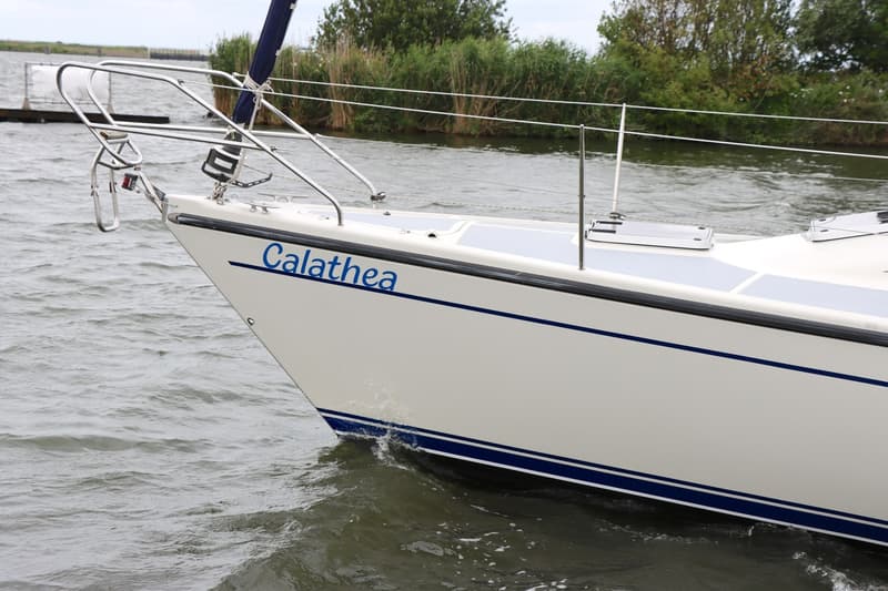 De boeg van een witte zeilboot met de naam "Calathea" in blauwe letters, vaart op water met riet langs de oever.