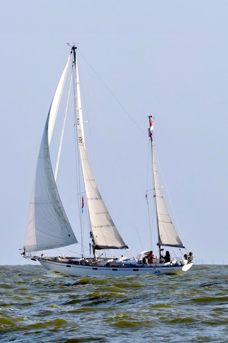 Een witte zeilboot met de naam "Salsa" vaart op een golvende zee onder een heldere hemel. — RJ 140