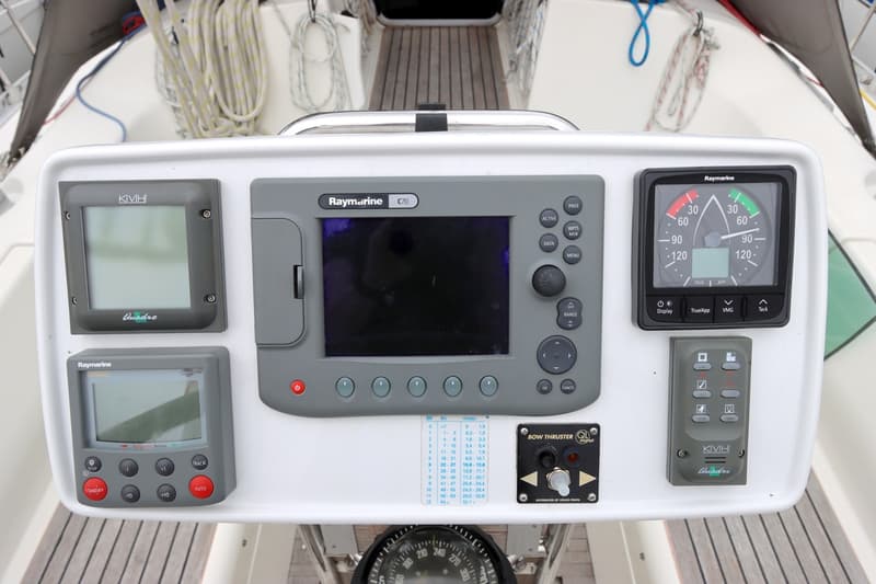 Een wit bedieningspaneel met diverse Raymarine en KVH navigatie-instrumenten, een boegschroefbediening en een kompas.