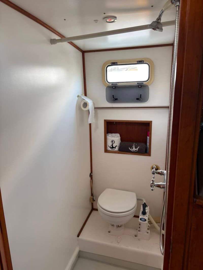 De foto toont een kleine badkamer met een toilet, douchekop, raam, toiletrolhouder en een nis met handdoeken.