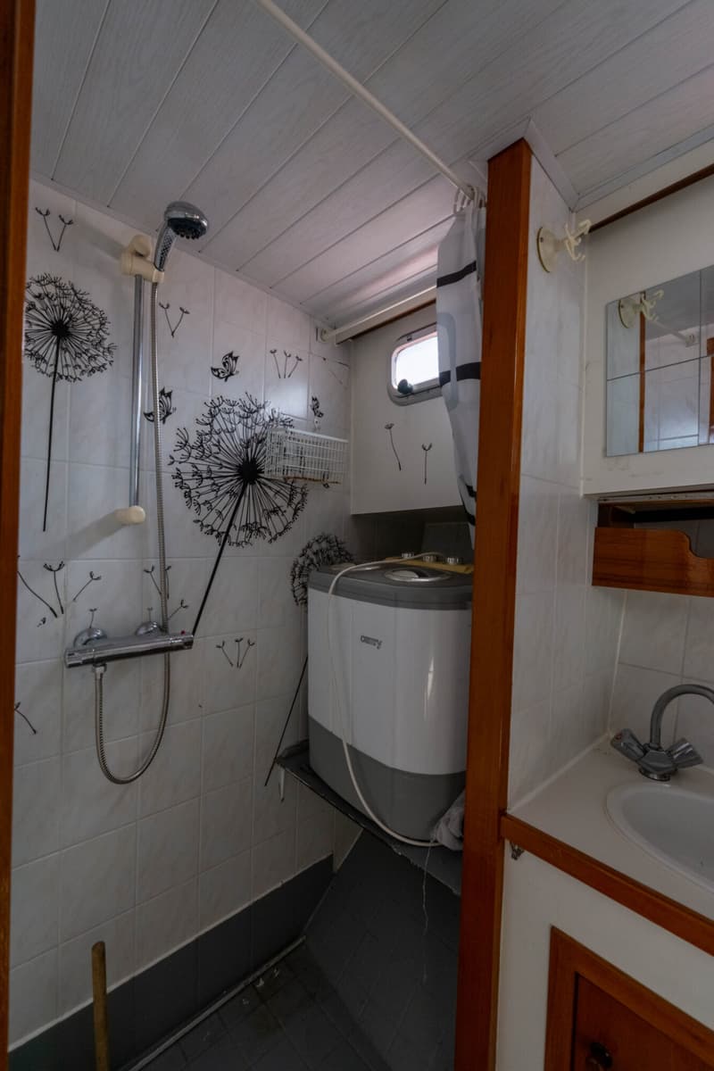 Een badkamer met een douche, een wasmachine, een wastafel en een spiegel.
